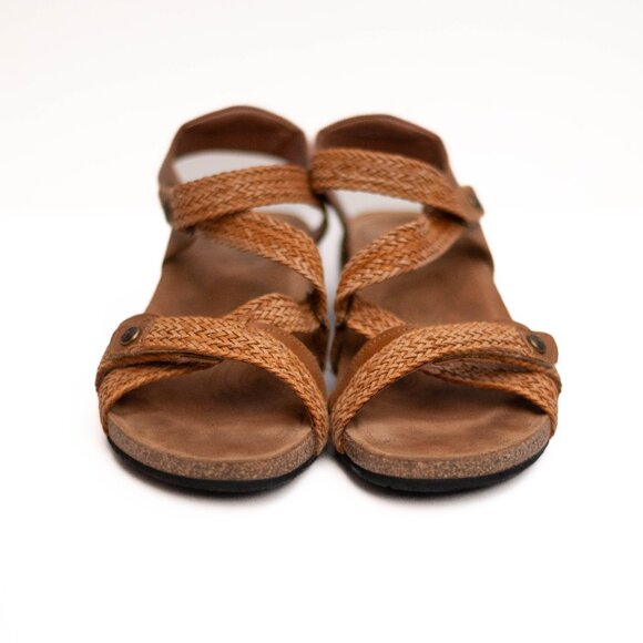 Taos Trulie Sandals 9 Camel Brown Leather Strappy Slingback Wedge Cork Footbed - Picture 3 of 9